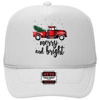 Merry And Bright Cute Red Plaid Truck Happy Holiday Raglan Baseball High Crown Mesh Back Trucker Hat