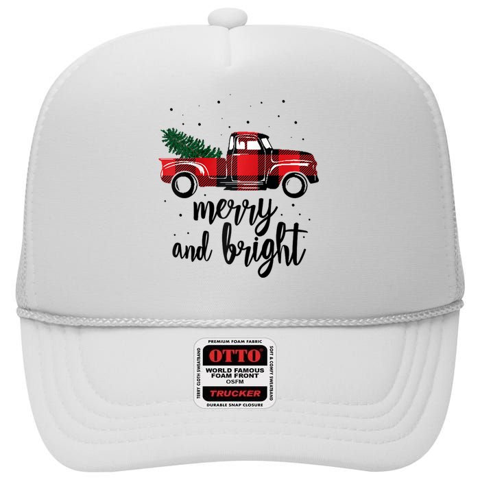 Merry And Bright Cute Red Plaid Truck Happy Holiday Raglan Baseball High Crown Mesh Back Trucker Hat