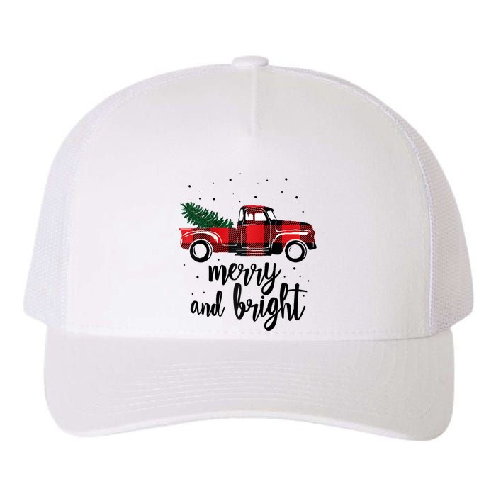 Merry And Bright Cute Red Plaid Truck Happy Holiday Raglan Baseball Yupoong Adult 5-Panel Trucker Hat