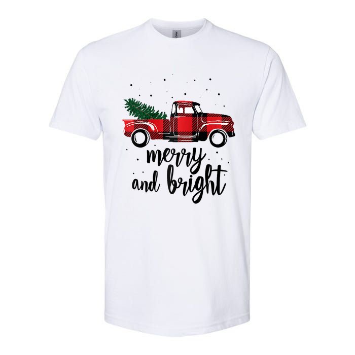 Merry And Bright Cute Red Plaid Truck Happy Holiday Raglan Baseball Softstyle CVC T-Shirt