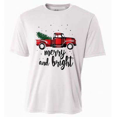 Merry And Bright Cute Red Plaid Truck Happy Holiday Raglan Baseball Cooling Performance Crew T-Shirt