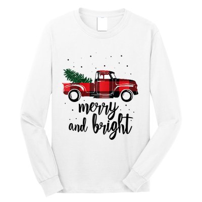 Merry And Bright Cute Red Plaid Truck Happy Holiday Raglan Baseball Long Sleeve Shirt