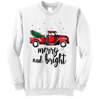 Merry And Bright Cute Red Plaid Truck Happy Holiday Raglan Baseball Sweatshirt