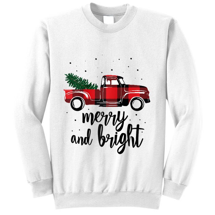 Merry And Bright Cute Red Plaid Truck Happy Holiday Raglan Baseball Sweatshirt