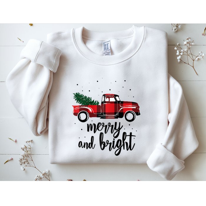 Merry And Bright Cute Red Plaid Truck Happy Holiday Raglan Baseball Sweatshirt