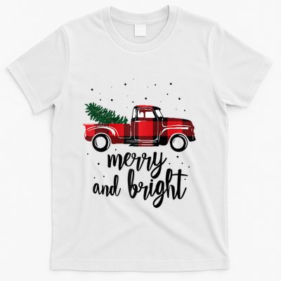 Merry And Bright Cute Red Plaid Truck Happy Holiday Raglan Baseball T-Shirt