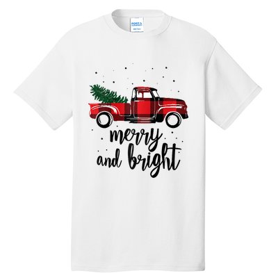 Merry And Bright Cute Red Plaid Truck Happy Holiday Raglan Baseball Tall T-Shirt