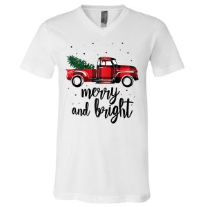 Merry And Bright Cute Red Plaid Truck Happy Holiday Raglan Baseball V-Neck T-Shirt