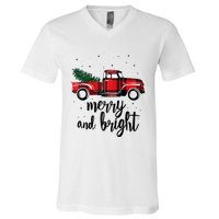 Merry And Bright Cute Red Plaid Truck Happy Holiday Raglan Baseball V-Neck T-Shirt