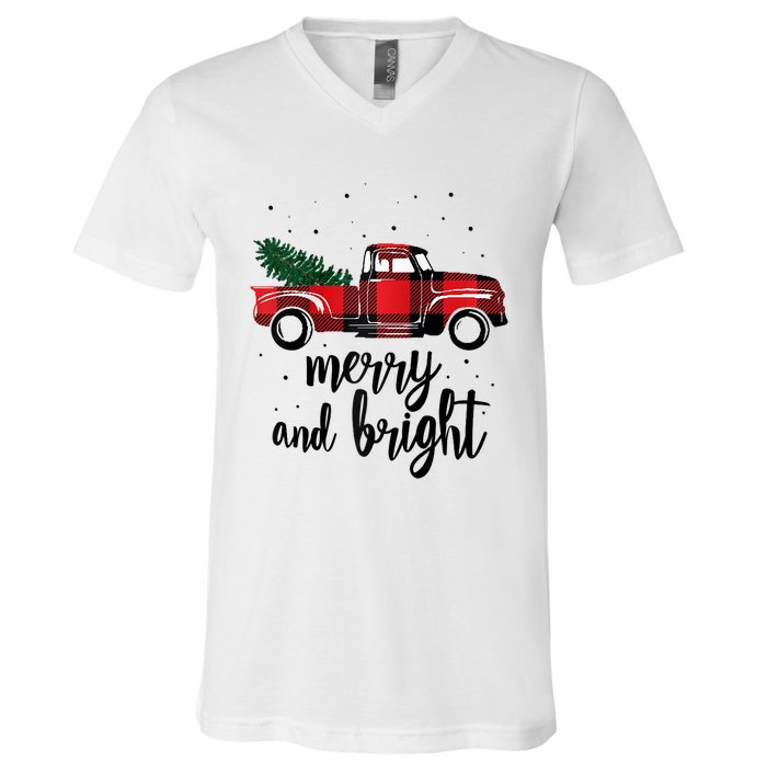 Merry And Bright Cute Red Plaid Truck Happy Holiday Raglan Baseball V-Neck T-Shirt