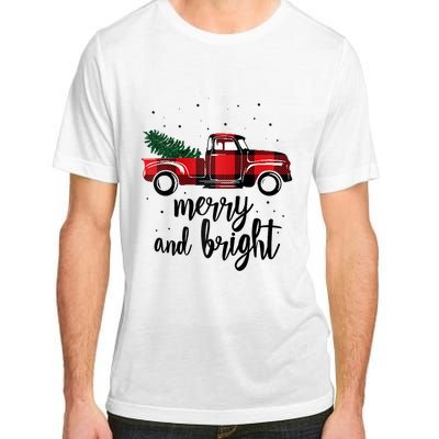 Merry And Bright Cute Red Plaid Truck Happy Holiday Raglan Baseball Adult ChromaSoft Performance T-Shirt