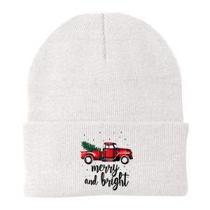 Merry And Bright Cute Red Plaid Truck Happy Holiday Raglan Baseball Knit Cap Winter Beanie