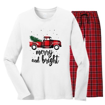 Merry And Bright Cute Red Plaid Truck Happy Holiday Raglan Baseball Women's Long Sleeve Flannel Pajama Set 