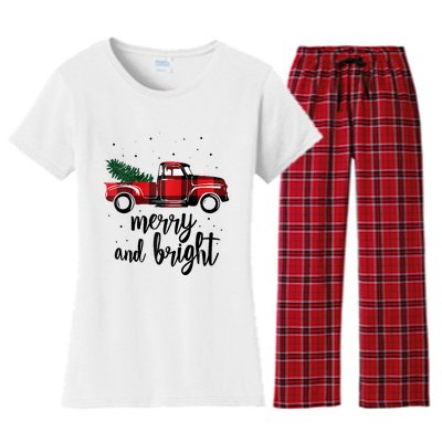 Merry And Bright Cute Red Plaid Truck Happy Holiday Raglan Baseball Women's Flannel Pajama Set