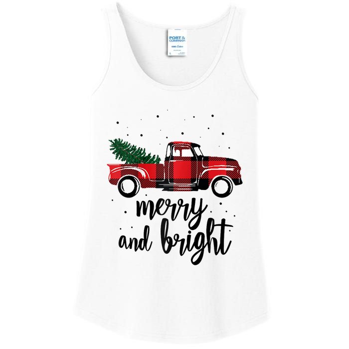 Merry And Bright Cute Red Plaid Truck Happy Holiday Raglan Baseball Ladies Essential Tank