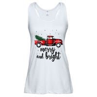 Merry And Bright Cute Red Plaid Truck Happy Holiday Raglan Baseball Ladies Essential Flowy Tank