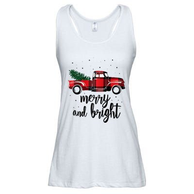 Merry And Bright Cute Red Plaid Truck Happy Holiday Raglan Baseball Ladies Essential Flowy Tank