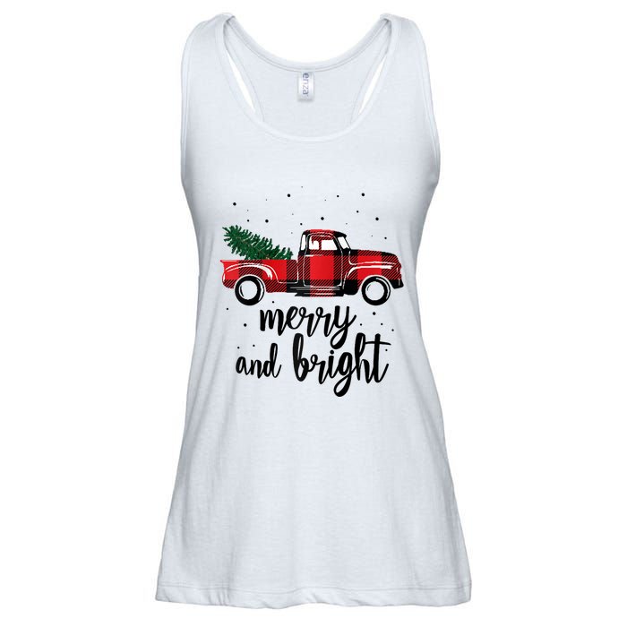 Merry And Bright Cute Red Plaid Truck Happy Holiday Raglan Baseball Ladies Essential Flowy Tank