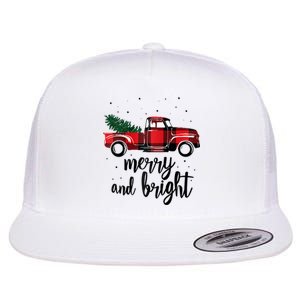 Merry And Bright Cute Red Plaid Truck Happy Holiday Raglan Baseball Flat Bill Trucker Hat