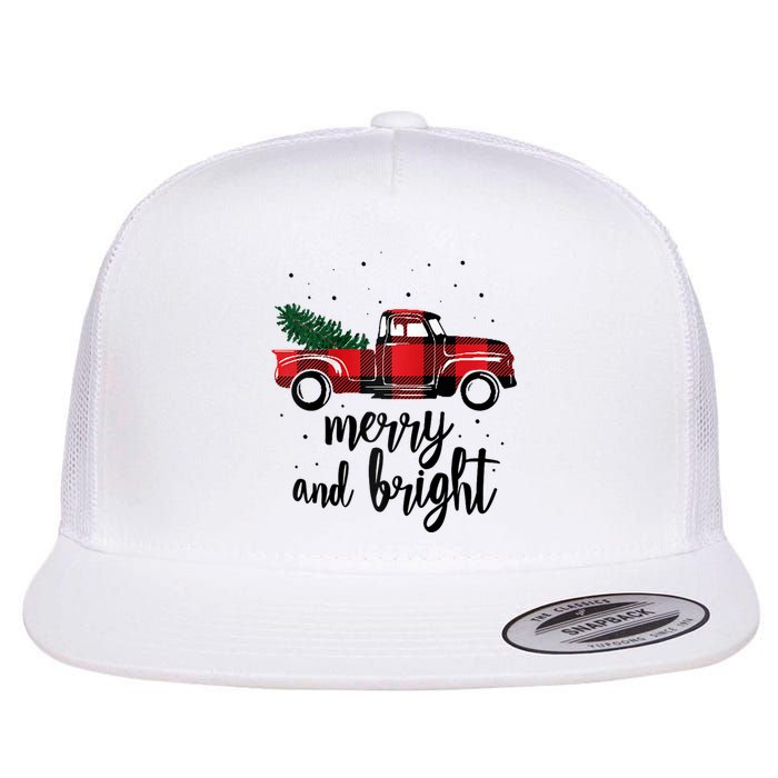 Merry And Bright Cute Red Plaid Truck Happy Holiday Raglan Baseball Flat Bill Trucker Hat