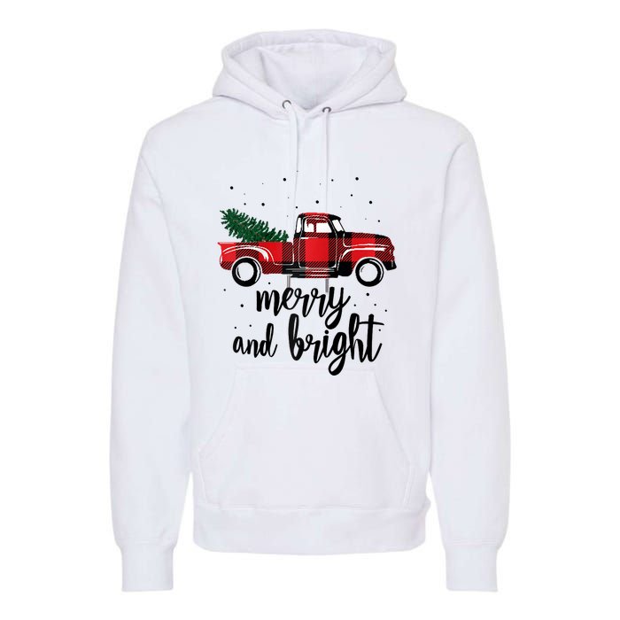 Merry And Bright Cute Red Plaid Truck Happy Holiday Raglan Baseball Premium Hoodie