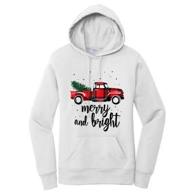 Merry And Bright Cute Red Plaid Truck Happy Holiday Raglan Baseball Women's Pullover Hoodie