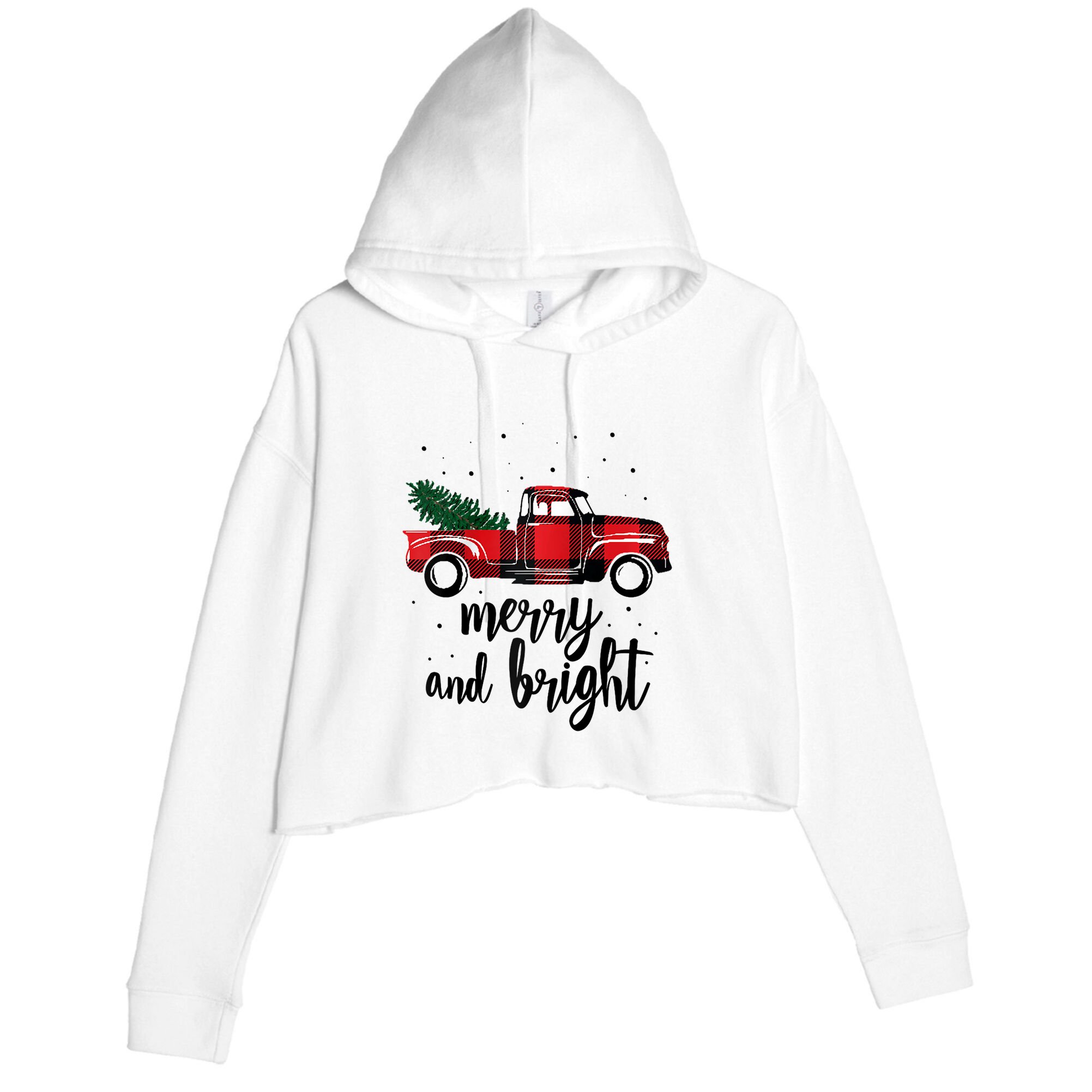 Merry And Bright Cute Red Plaid Truck Happy Holiday Raglan Baseball Crop Fleece Hoodie