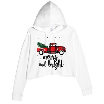 Merry And Bright Cute Red Plaid Truck Happy Holiday Raglan Baseball Crop Fleece Hoodie