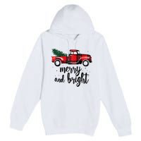 Merry And Bright Cute Red Plaid Truck Happy Holiday Raglan Baseball Premium Pullover Hoodie