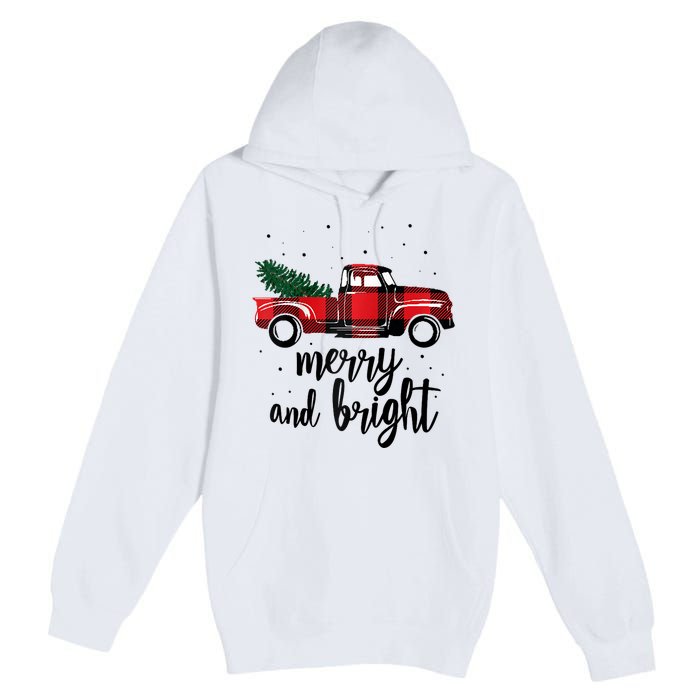 Merry And Bright Cute Red Plaid Truck Happy Holiday Raglan Baseball Premium Pullover Hoodie