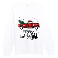 Merry And Bright Cute Red Plaid Truck Happy Holiday Raglan Baseball Premium Crewneck Sweatshirt