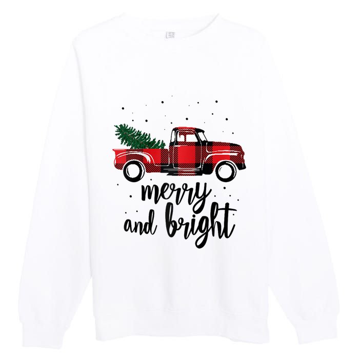 Merry And Bright Cute Red Plaid Truck Happy Holiday Raglan Baseball Premium Crewneck Sweatshirt