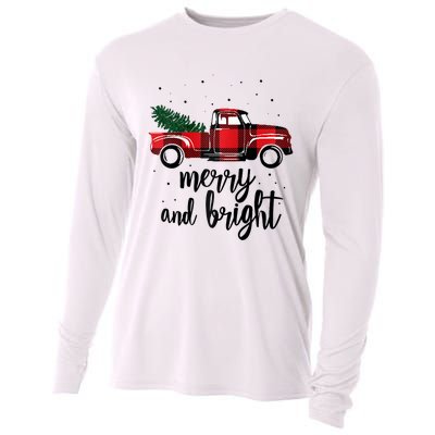 Merry And Bright Cute Red Plaid Truck Happy Holiday Raglan Baseball Cooling Performance Long Sleeve Crew