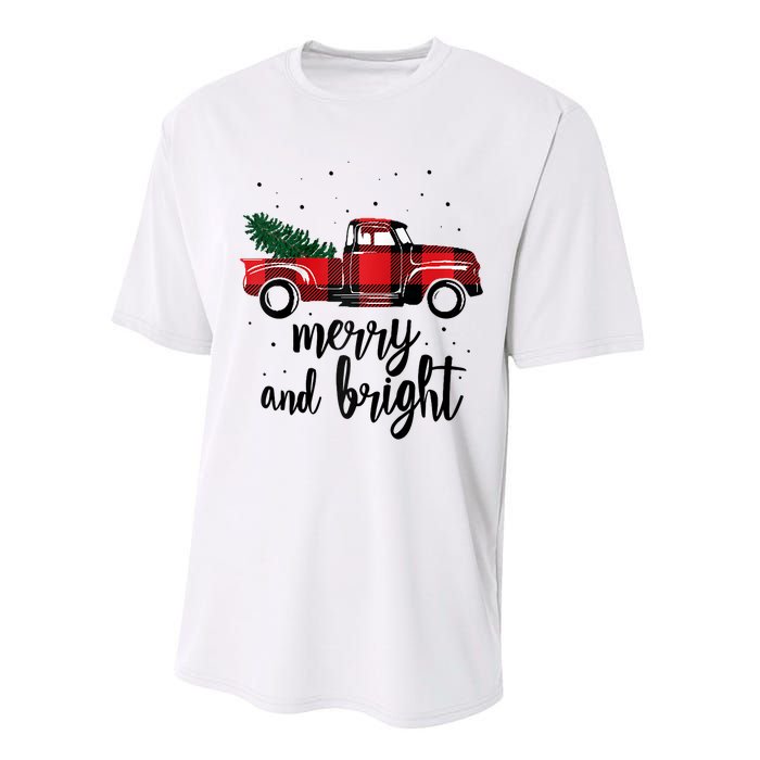 Merry And Bright Cute Red Plaid Truck Happy Holiday Raglan Baseball Performance Sprint T-Shirt