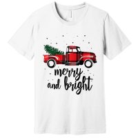 Merry And Bright Cute Red Plaid Truck Happy Holiday Raglan Baseball Premium T-Shirt