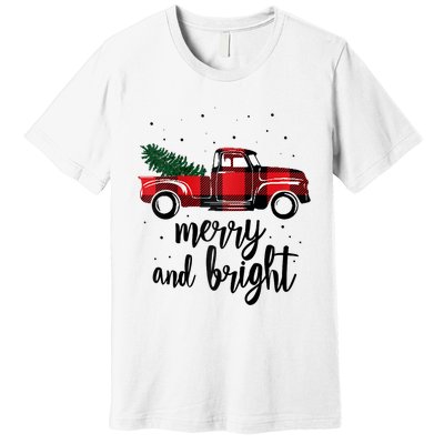 Merry And Bright Cute Red Plaid Truck Happy Holiday Raglan Baseball Premium T-Shirt