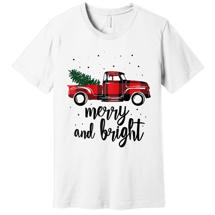 Merry And Bright Cute Red Plaid Truck Happy Holiday Raglan Baseball Premium T-Shirt