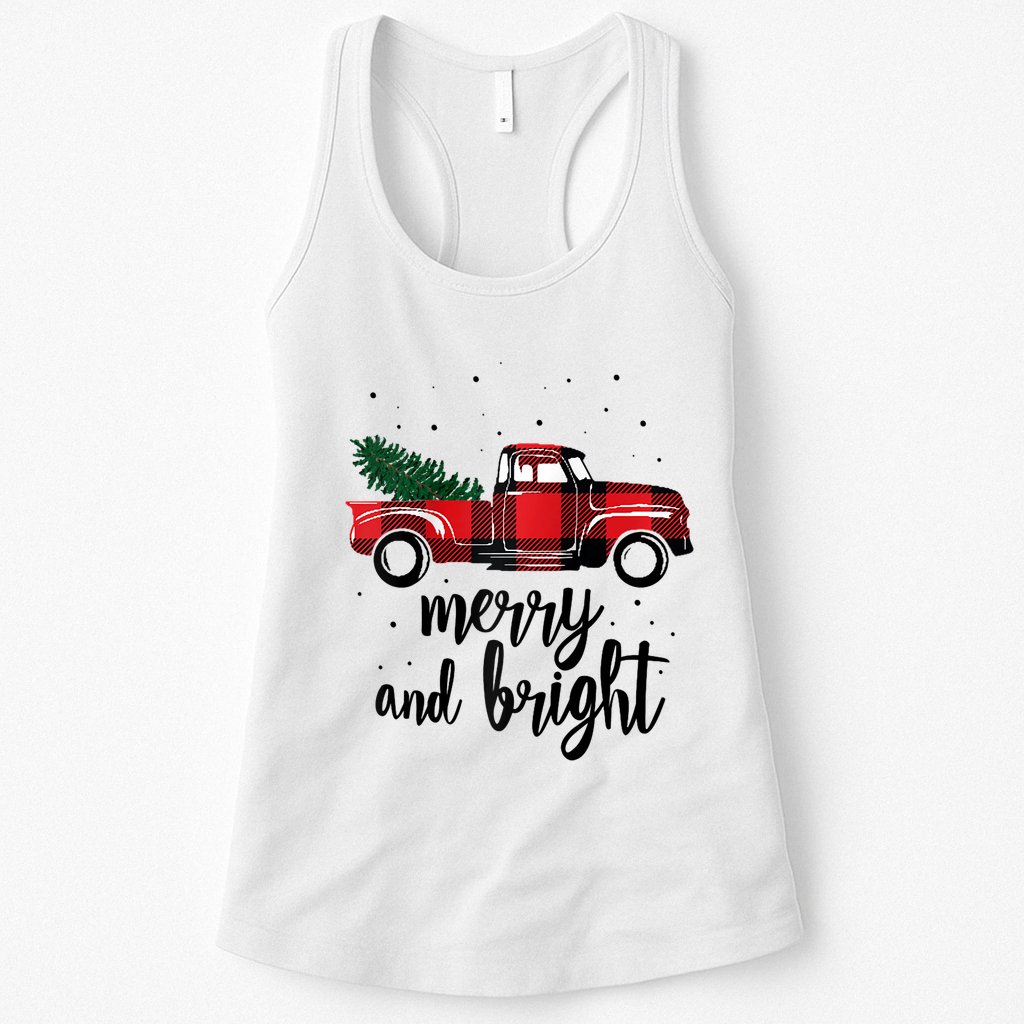 Merry And Bright Cute Red Plaid Truck Happy Holiday Raglan Baseball Womens Tank Top