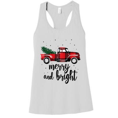 Merry And Bright Cute Red Plaid Truck Happy Holiday Raglan Baseball Women's Racerback Tank