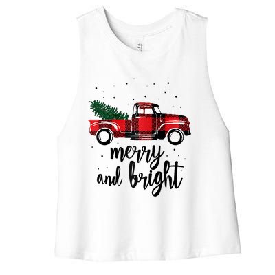 Merry And Bright Cute Red Plaid Truck Happy Holiday Raglan Baseball Women's Racerback Cropped Tank