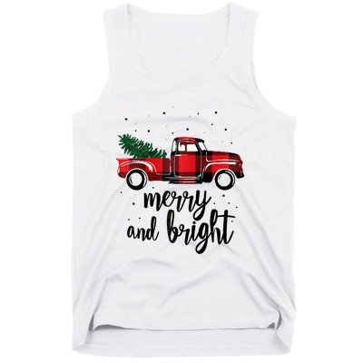 Merry And Bright Cute Red Plaid Truck Happy Holiday Raglan Baseball Tank Top