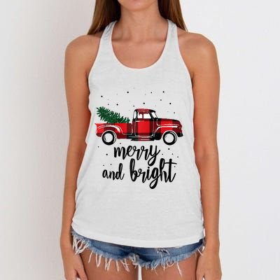 Merry And Bright Cute Red Plaid Truck Happy Holiday Raglan Baseball Women's Knotted Racerback Tank