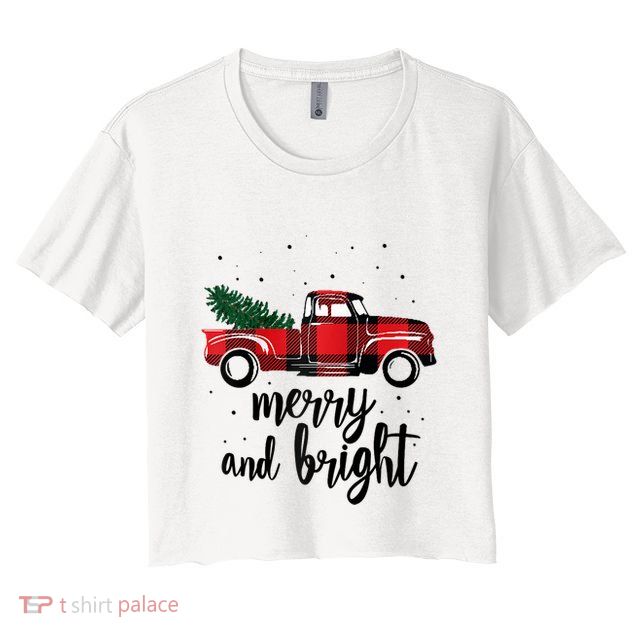 Merry And Bright Cute Red Plaid Truck Happy Holiday Raglan Baseball Crop Top