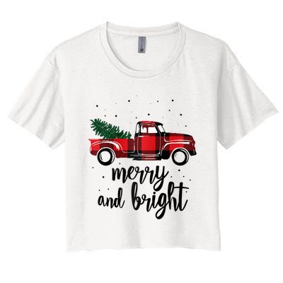 Merry And Bright Cute Red Plaid Truck Happy Holiday Raglan Baseball Women's Crop Top Tee