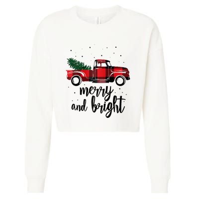 Merry And Bright Cute Red Plaid Truck Happy Holiday Raglan Baseball Cropped Pullover Crew