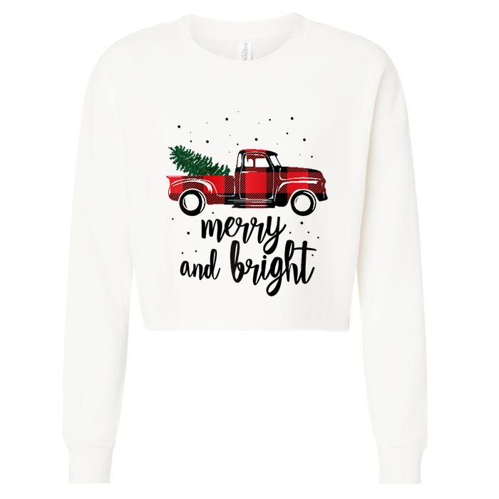 Merry And Bright Cute Red Plaid Truck Happy Holiday Raglan Baseball Cropped Pullover Crew