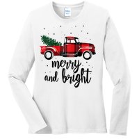 Merry And Bright Cute Red Plaid Truck Happy Holiday Raglan Baseball Ladies Long Sleeve Shirt