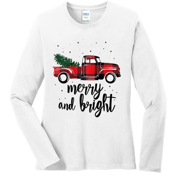 Merry And Bright Cute Red Plaid Truck Happy Holiday Raglan Baseball Ladies Long Sleeve Shirt