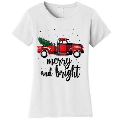 Merry And Bright Cute Red Plaid Truck Happy Holiday Raglan Baseball Women's T-Shirt