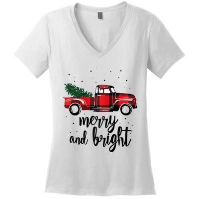 Merry And Bright Cute Red Plaid Truck Happy Holiday Raglan Baseball Women's V-Neck T-Shirt